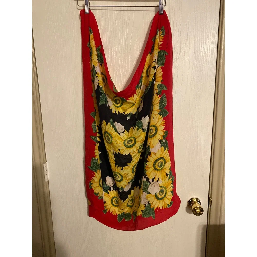 Oscar de la Renta Silk Scarf RedBlack Yellow Sunflower Floral Made in Japan 0196